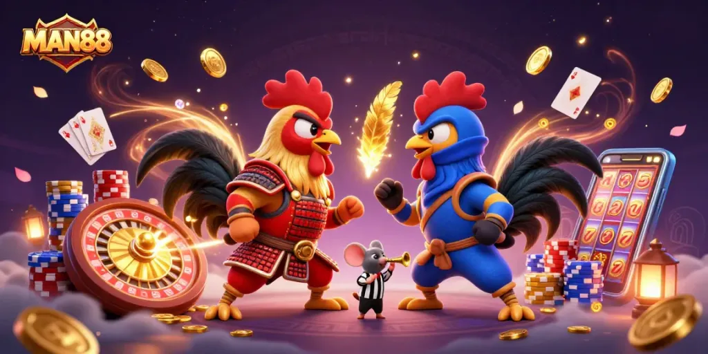 Experience thrilling action with MAN88's dynamic game elements and dramatic rooster showdown in a vibrant casino scene.