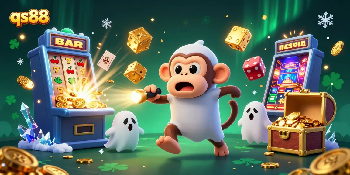 Engage in thrilling gameplay at qs88 with an energetic scene featuring a poltergeist monkey juggling gold objects in a vibrant casino.