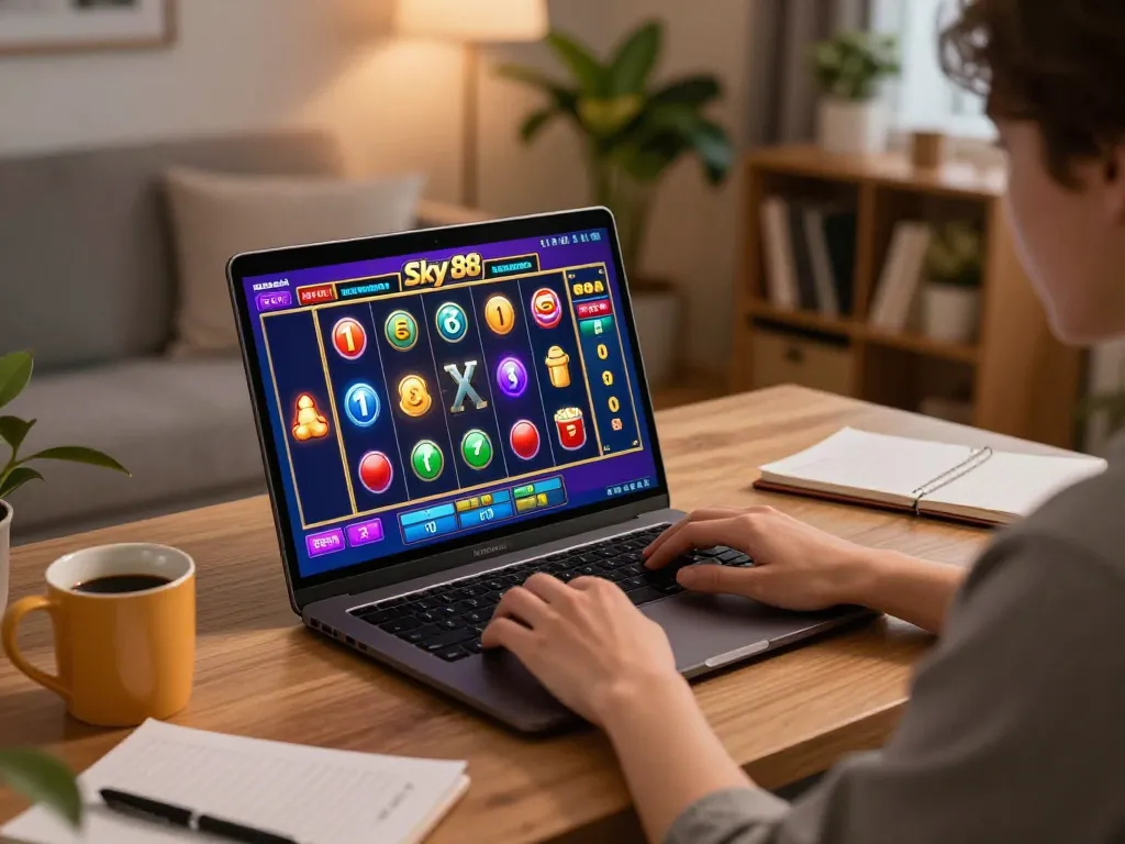 Engaging in thrilling Sky 88 casino gameplay on a laptop, with cozy home setting.