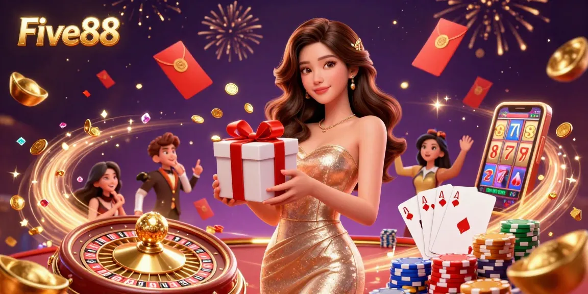 Experience Five88's vibrant casino scene filled with golden coins and winning roulette action.