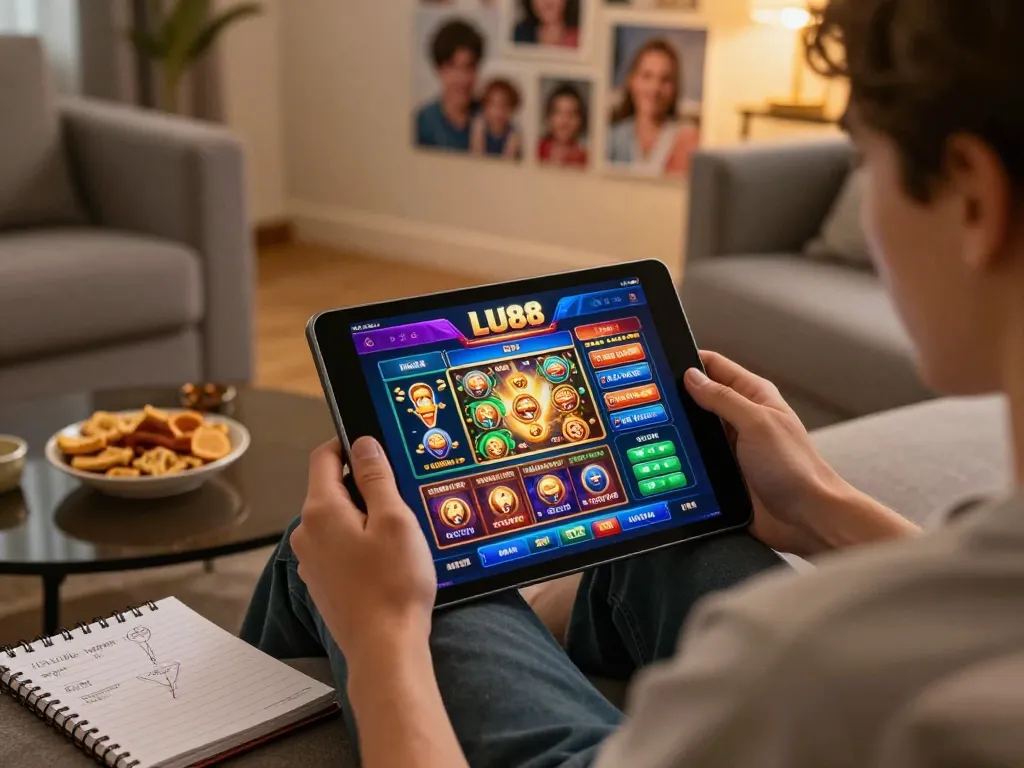 LU88 gaming experience with a person engaging strategically on a tablet in a cozy setting.