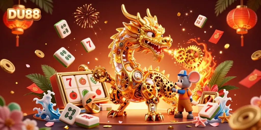 Experience the excitement of DU88 with a golden dragon illustration showcasing vibrant casino elements.