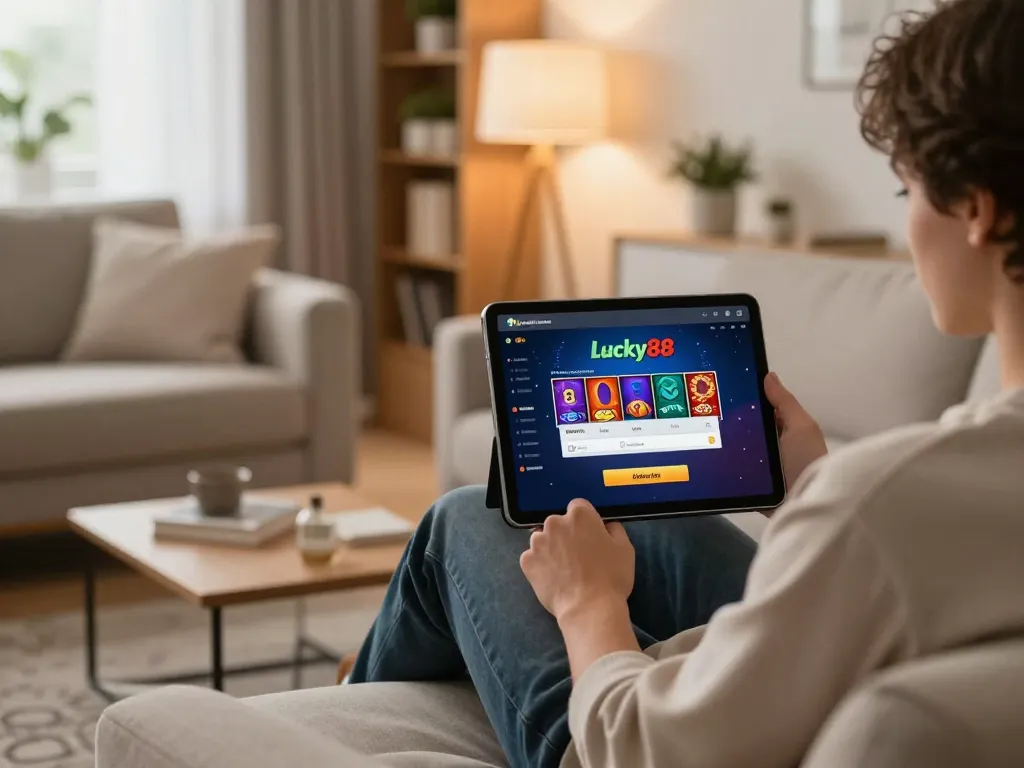 Registering for Link đăng ký Lucky88 on a tablet, showcasing online gaming at home.