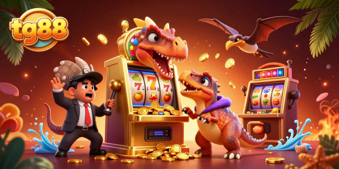 tg88 characters animatedly celebrate a jackpot win at a vibrant casino slot machine scene