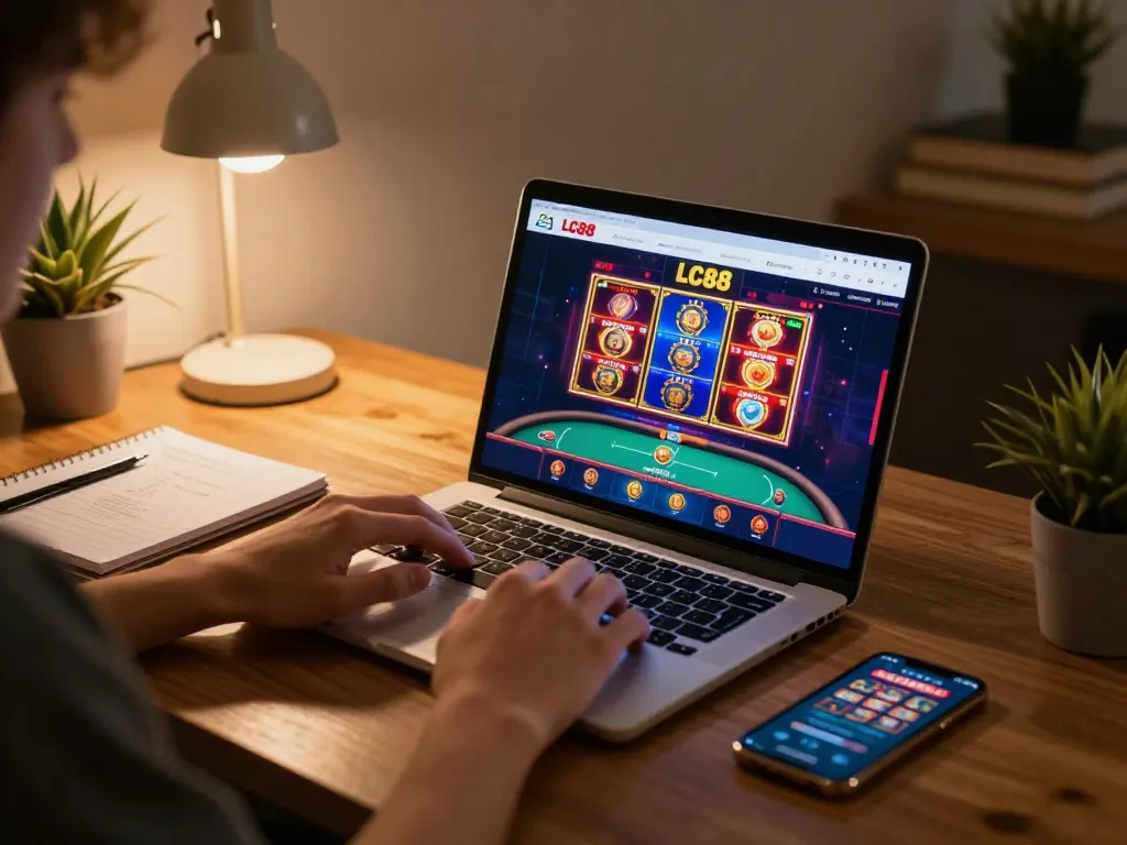 Player engaging with LC88 online casino on laptop, showcasing strategic betting with vibrant interface.