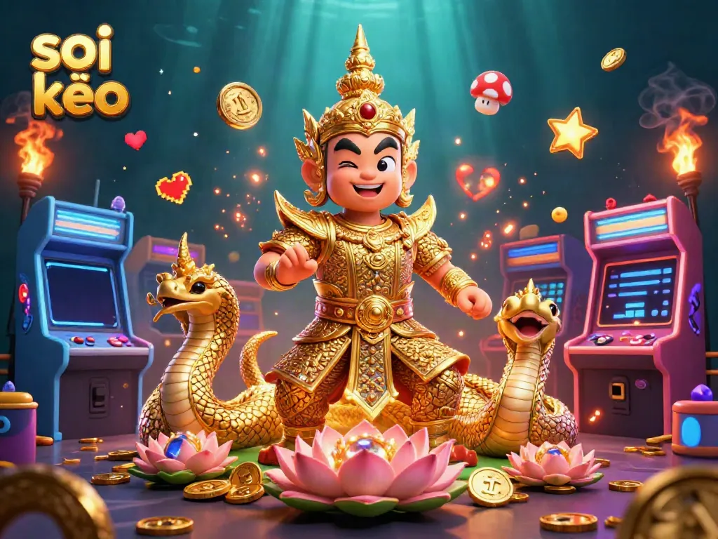 Engage with soi kèo analysis alongside vibrant gaming elements in an energetic 3D scene.