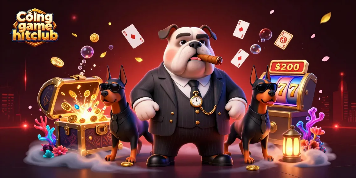 Cổng game hitclub features a vibrant scene with a mafia bulldog and Doberman guardians, immersed in gambling treasures.