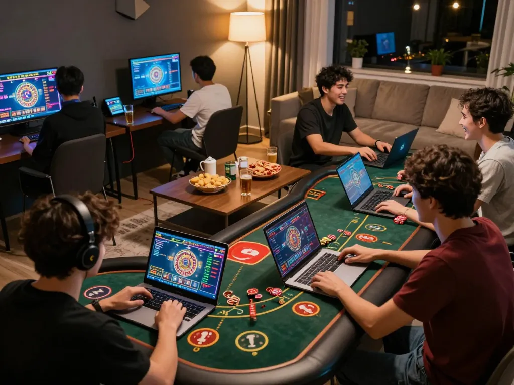 Players enjoying online casino games at home, featuring tr88 gaming interface and friendly atmosphere.