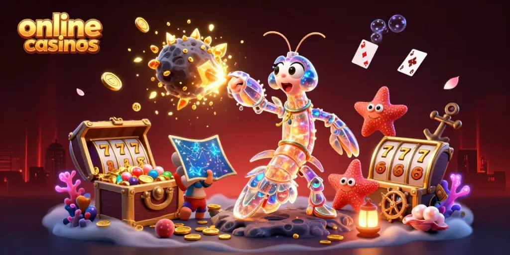 Engaging scene showcasing online casinos with a galactic mantis shrimp and starfish amidst vibrant gaming elements.