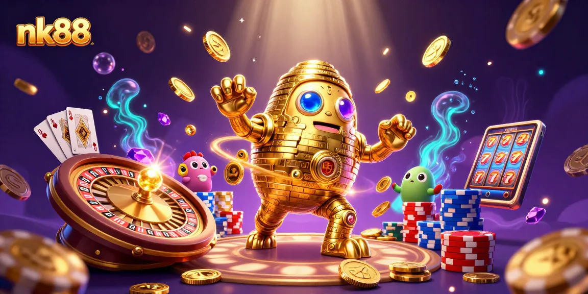 Engage in thrilling gambling action with nk88's vibrant casino illustration of slot machines and treasures.