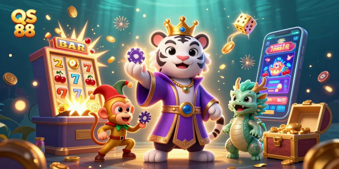 Engage with QS 88 in this lively casino scene featuring a white tiger, playful monkey, and dazzling game elements.