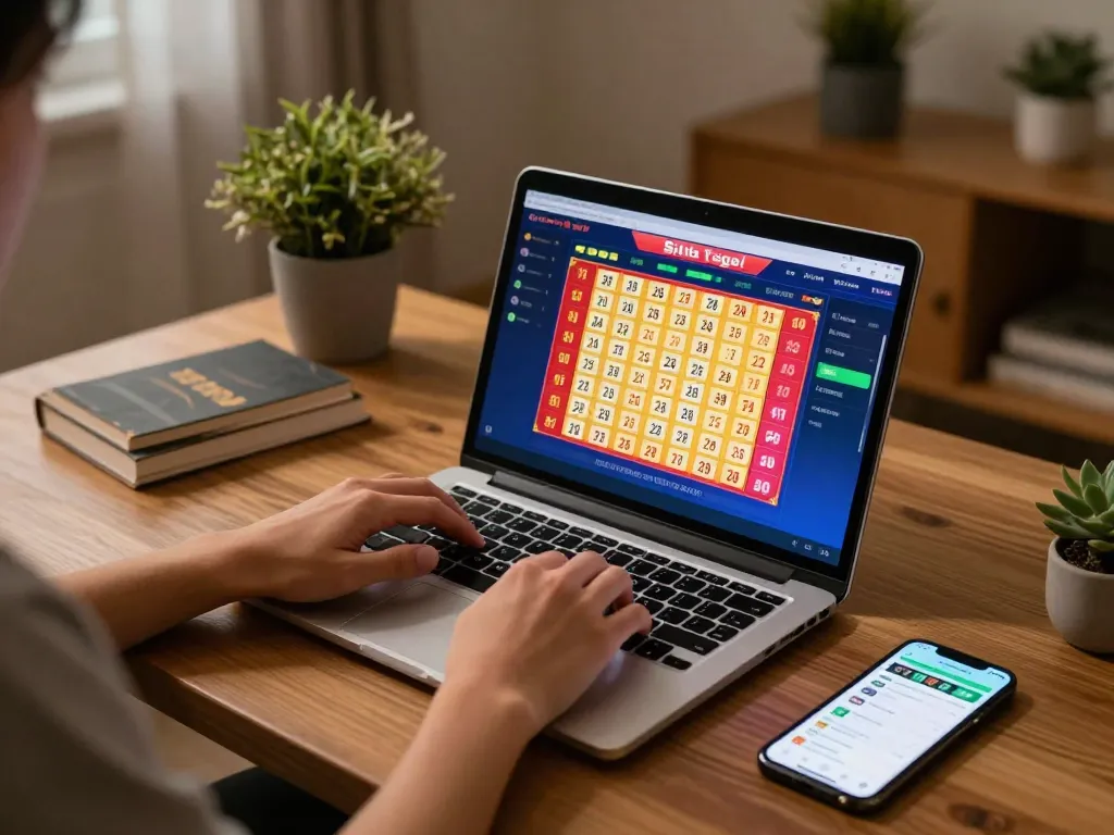 Terlibat dalam situs togel dari pengaturan rumah yang nyaman dengan permainan lotere online yang cerah ditampilkan.
