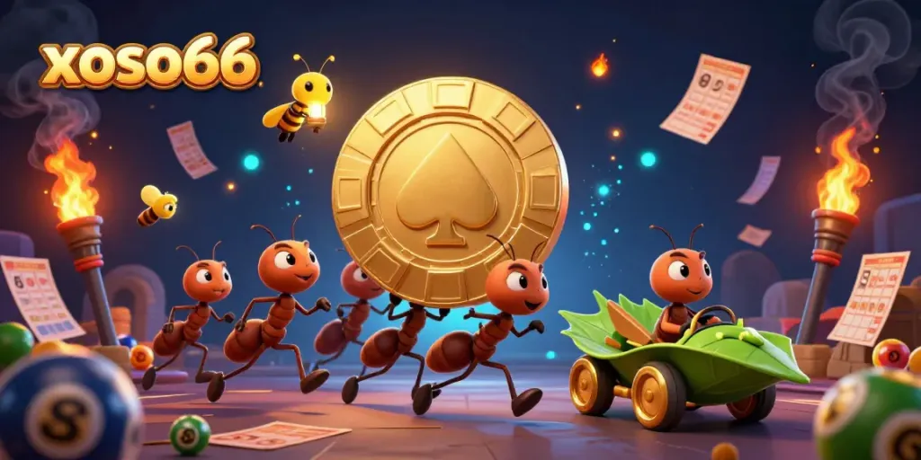Experience the excitement of xoso66 with a team of ants carrying a massive golden poker chip in this vibrant illustration.