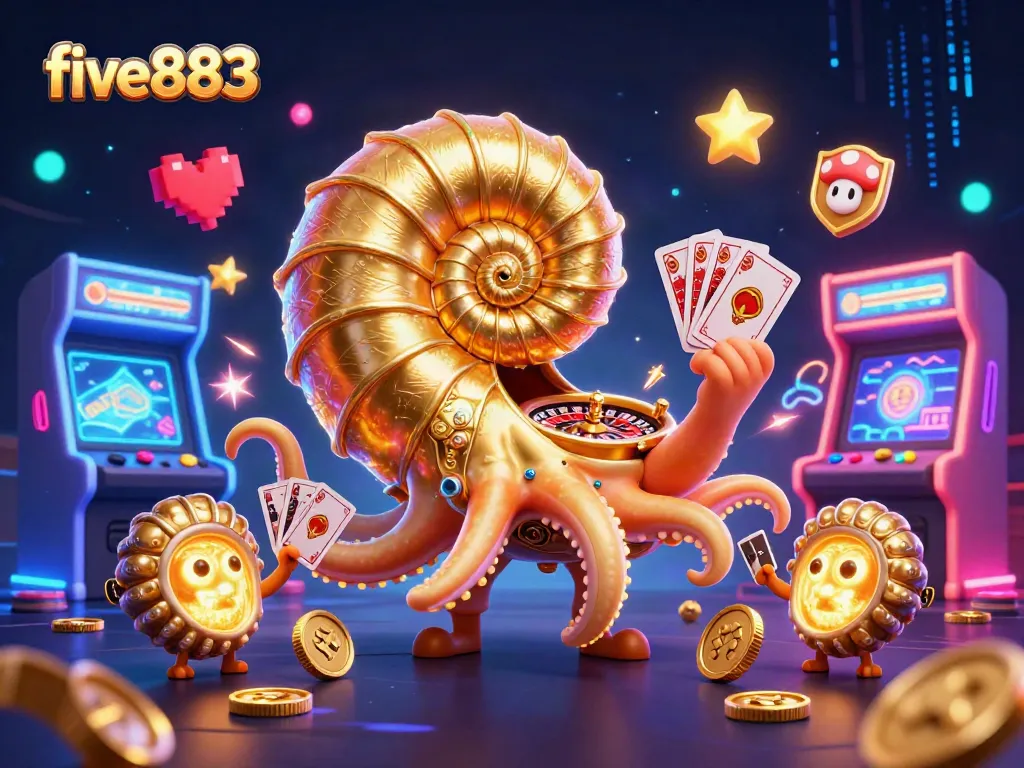 Experience excitement with five883's casino action featuring a giant nautilus roulette against glowing arcade machines.
