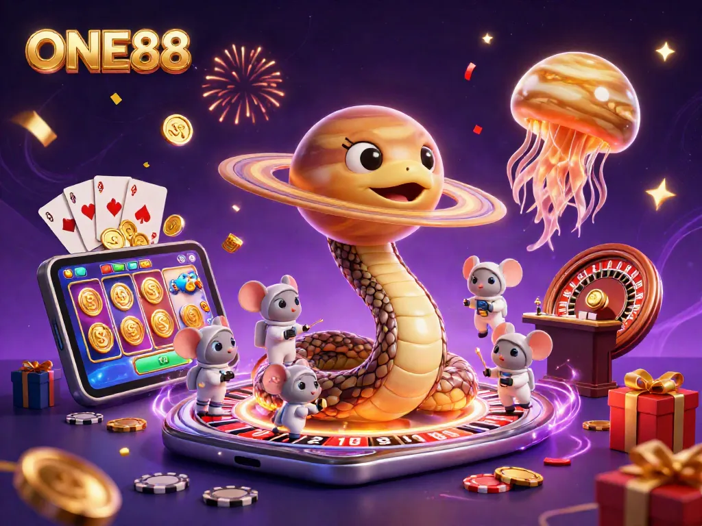 ONE88 casino scene with a Saturn ring snake, astronaut mice gambling, and a golden jellyfish dealer.
