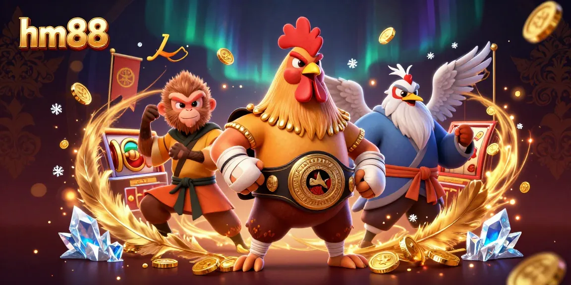 Experience thrilling gaming at hm88 with exciting characters in a vibrant casino illustration