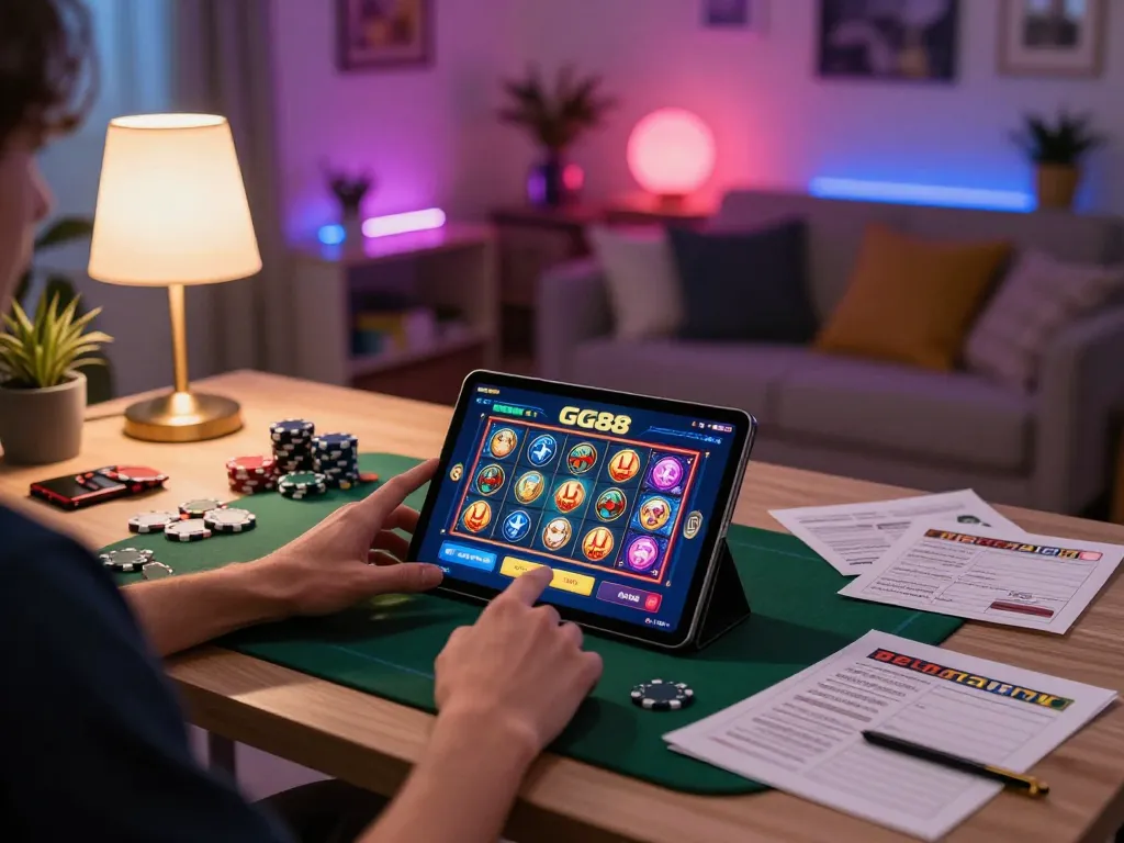 Engaging with gg88 slot app on a tablet in a cozy gaming setup, reflecting strategic play.