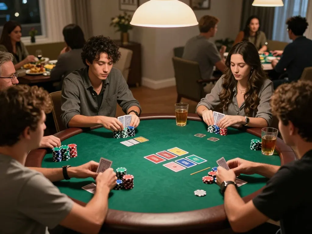 Friends enjoying a lively poker night at home while using new88blog strategies for better gaming.