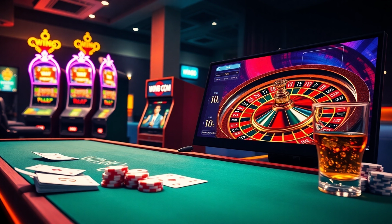 Engaging players at WIN88 COM by showcasing luxurious casino elements, including tables and slot machines.