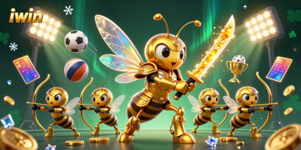 iwin showcases a lively casino scene with a samurai hornet and bee archers amidst vibrant gambling elements.