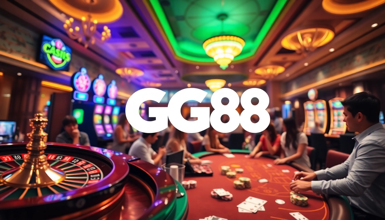 GG88 logo showcased in a lively casino scene with poker chips, cards, and a roulette wheel.