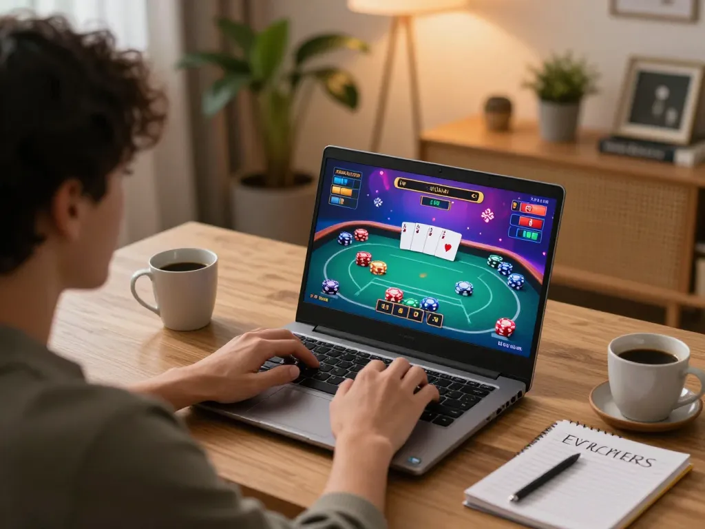 Engaged user enjoying Lu88 online casino gaming with poker displayed on laptop screen.