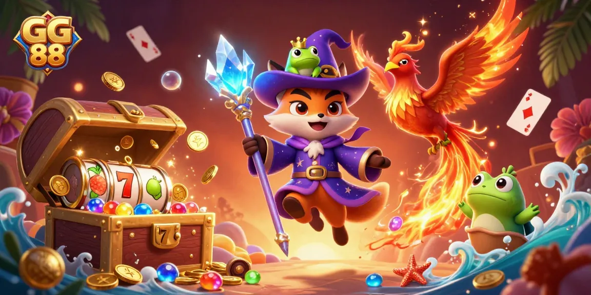 Engage in thrilling gaming adventures with GG 88's magical casino scene featuring a wizard and phoenix amidst vibrant slot elements.
