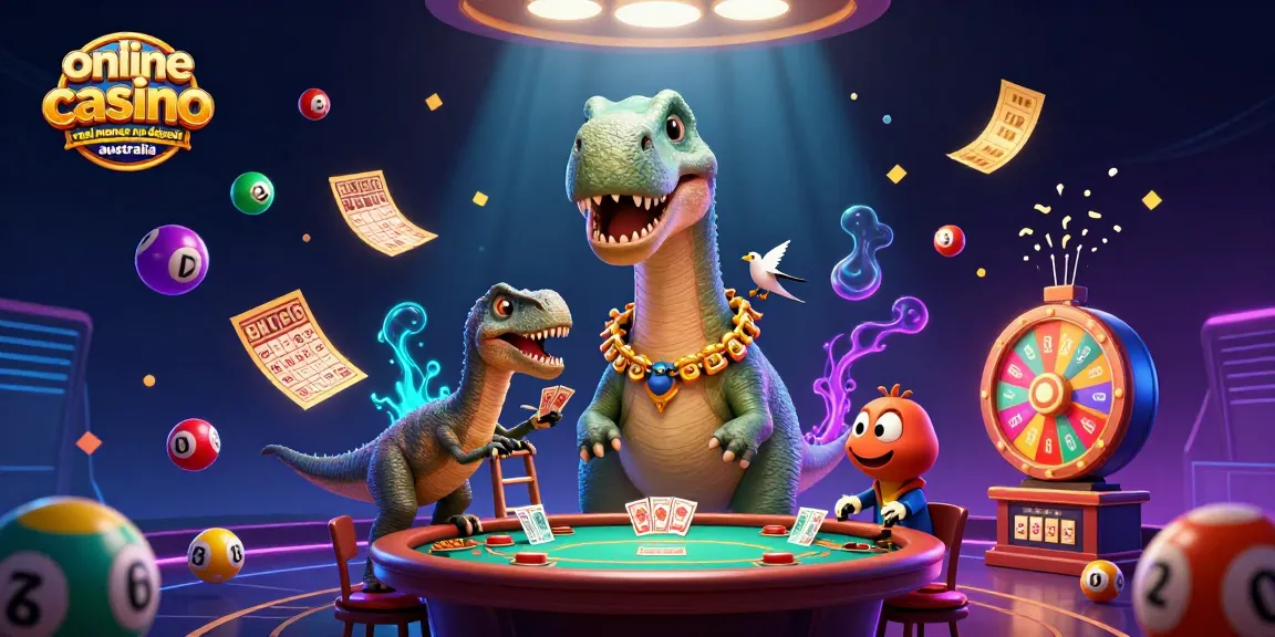 Engage with online casino real money no deposit australia showcasing a fun brontosaurus and raptor in a lively gaming scene