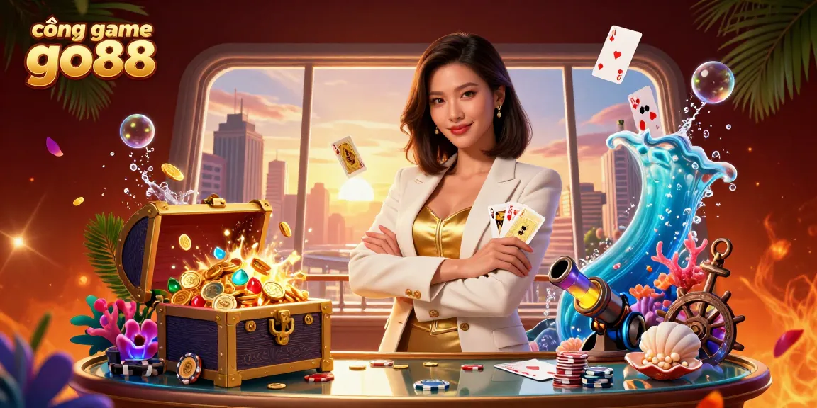 Join the action at cổng game go88 with an elegant poker scene featuring a professional Asian woman and vibrant casino elements.