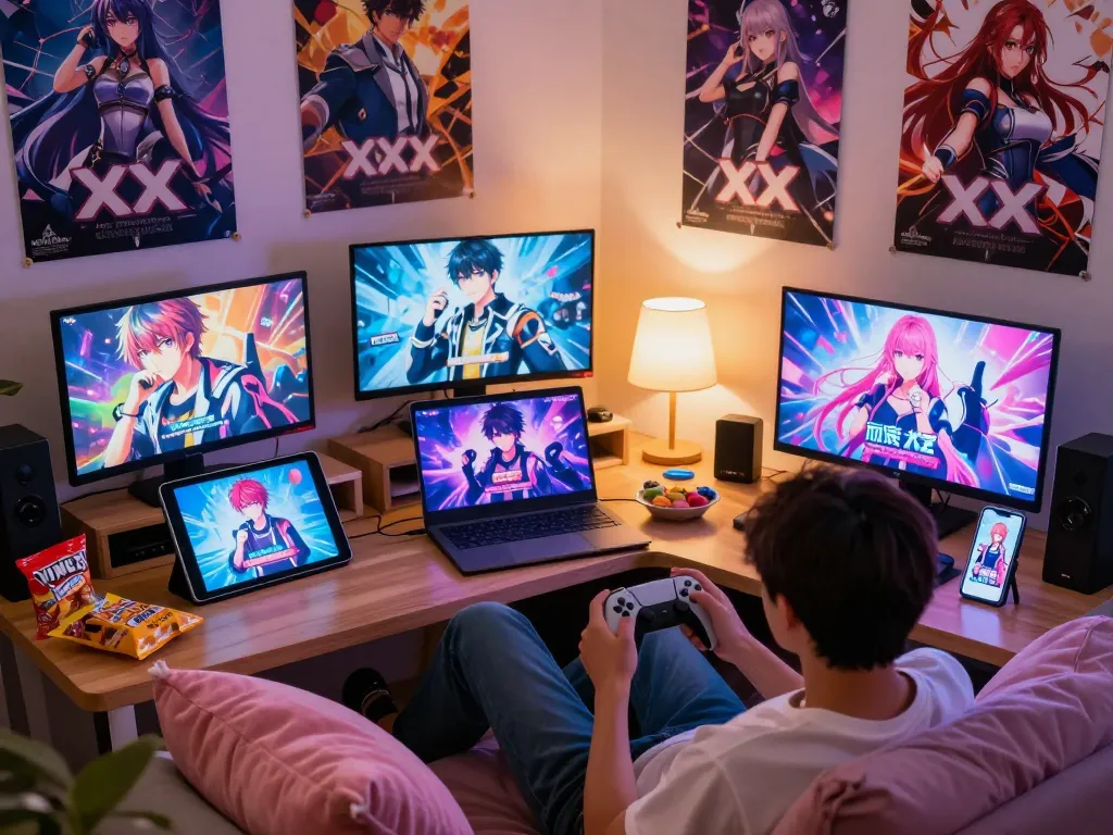 Engaging scene showcasing xxx games on multiple devices in a cozy gaming nook.