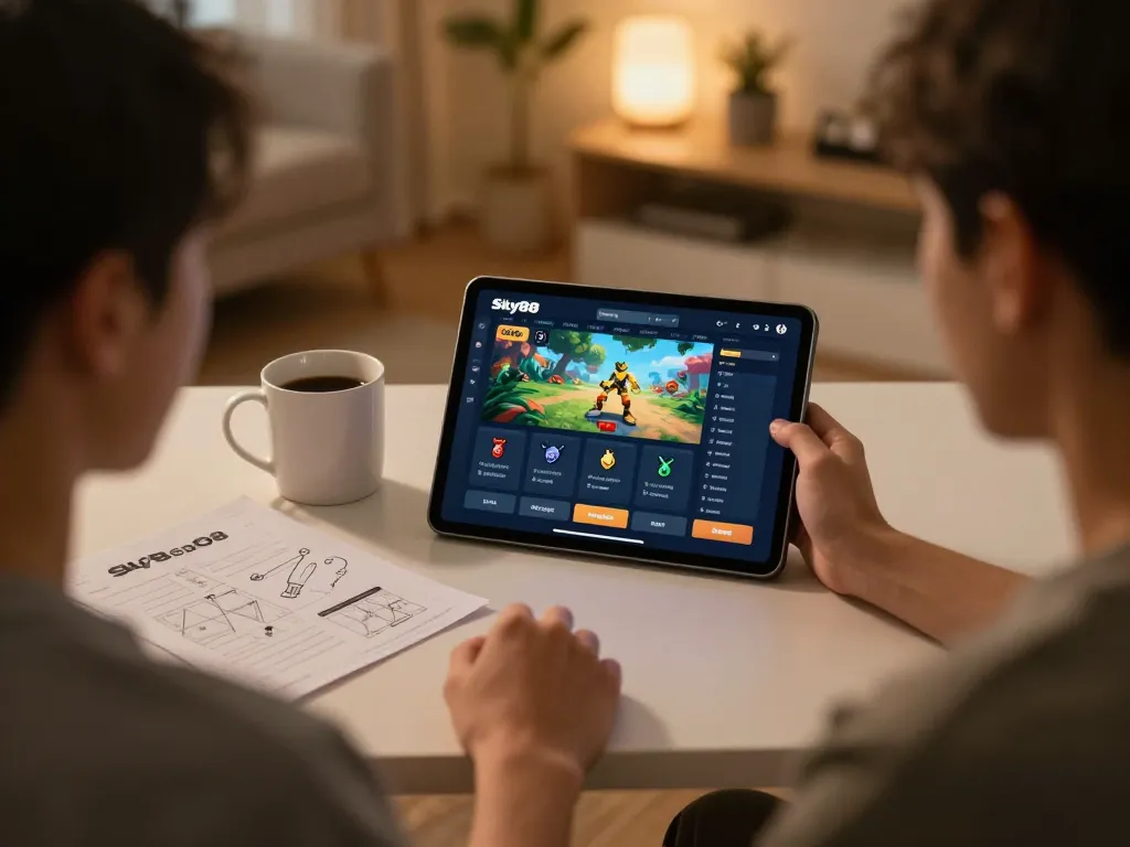 Engaging online gaming scene featuring user accessing Link đăng ký Sky88 on tablet.