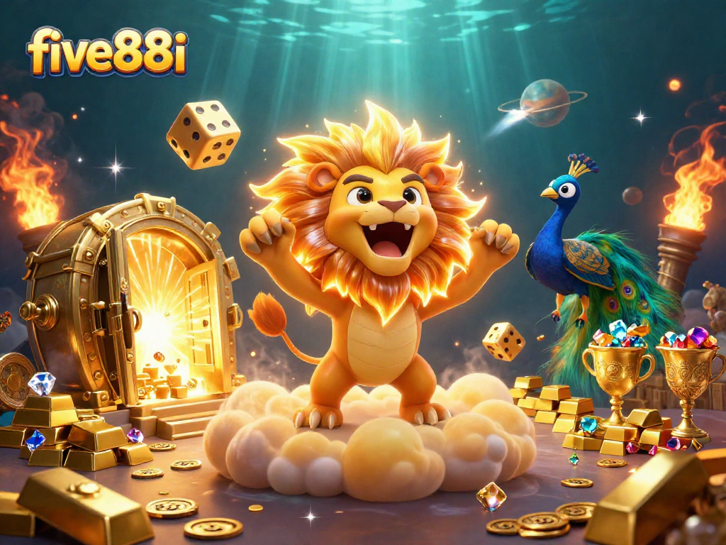 Experience five88i with a vibrant 3D casino scene of a roaring lion and golden dice.