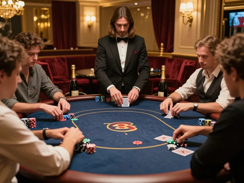 Players strategizing their bets at a vin88 poker table in an upscale casino