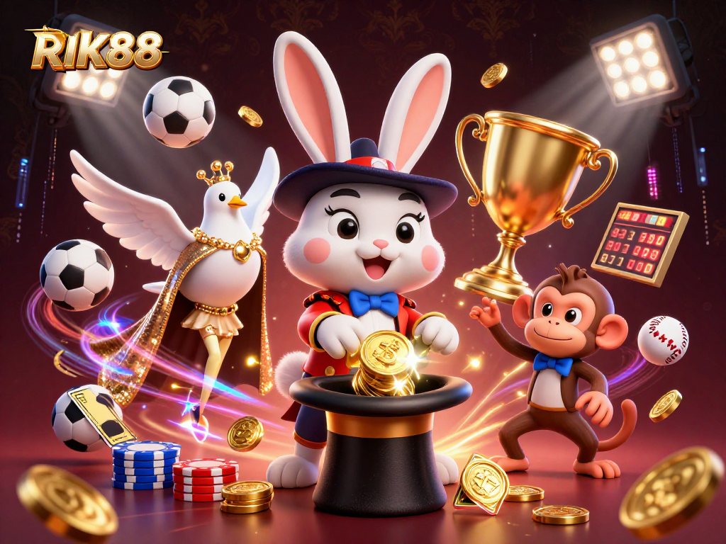 Experience the thrill of RIK88 with a magician pulling coins, sporty elements, and an exciting casino atmosphere.