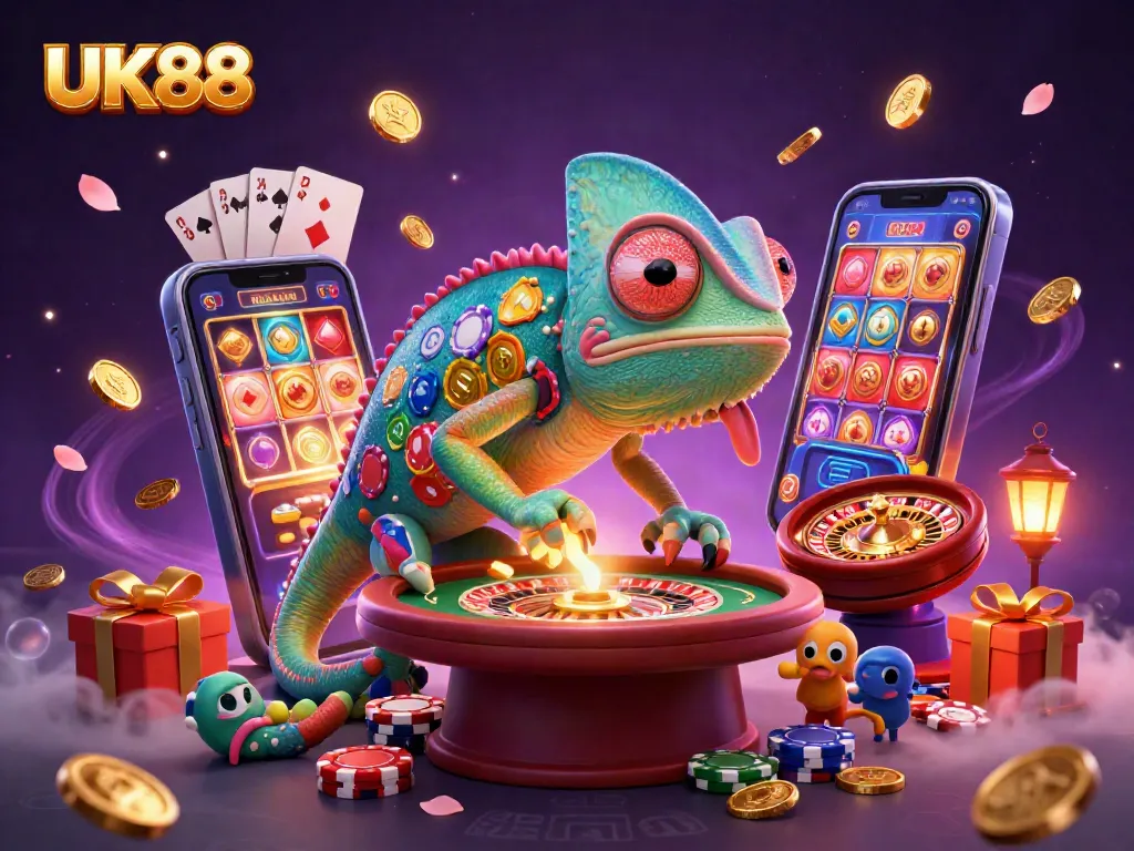 Experience thrilling casino action with UK88, showcasing a vibrant chameleon owner and colorful game elements.