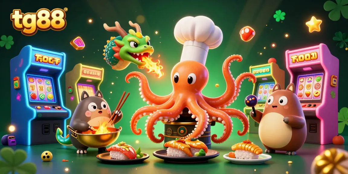 Experience thrilling gaming at tg88 with a vibrant scene featuring a sushi chef octopus and dragon amidst slot machines.
