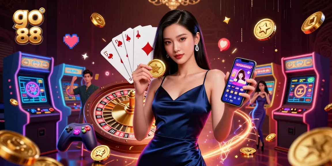 Engage in thrilling gaming action at go 88, featuring a sophisticated woman with a smartphone and casino chip amidst vibrant gaming elements.