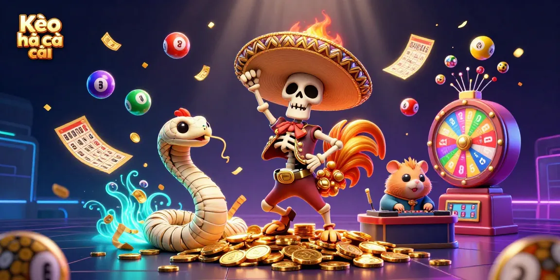 Kèo nhà cái showcases an energetic scene featuring vibrant characters celebrating on a pile of gold, highlighted by colorful elements.