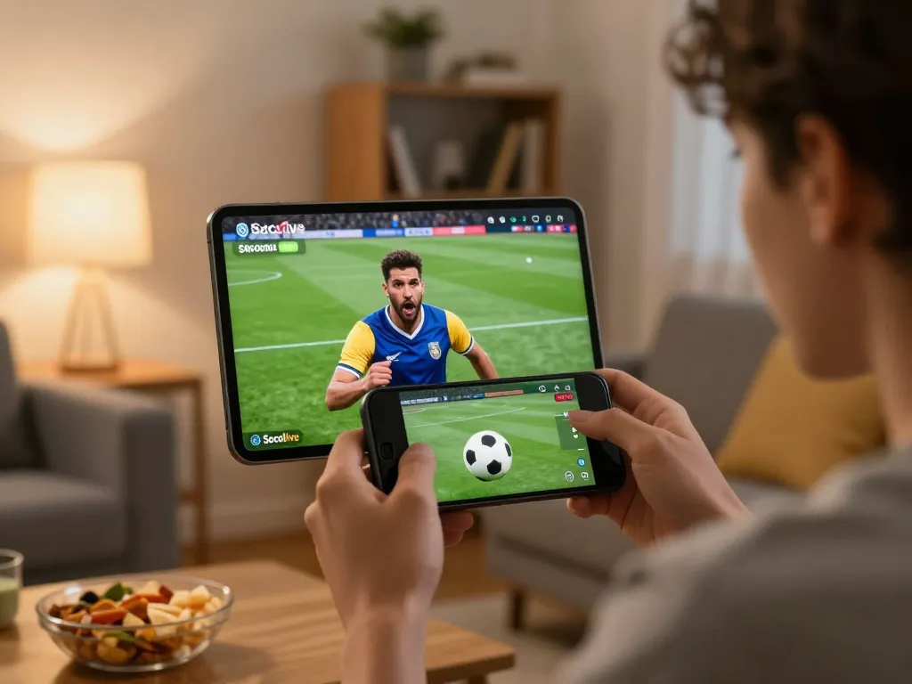 Socolive streaming live football match on smartphone in a cozy living room setting.