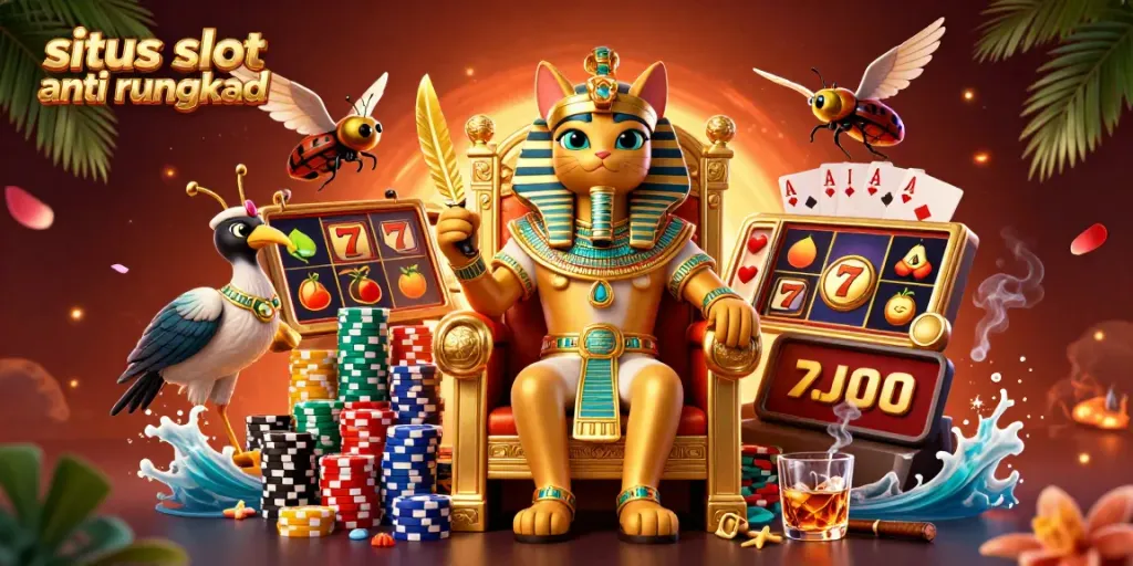 Mengakses situs slot anti rungkad dengan slot reels dan simbol buah, dikelilingi karakter kartun 3D