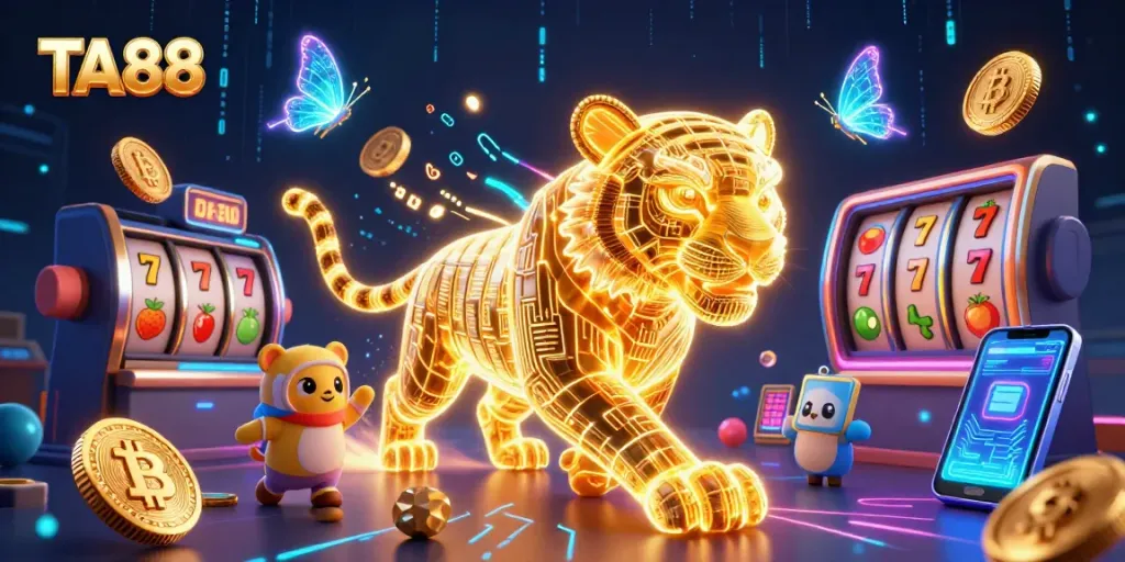 TA88 players spin slot reels in a vibrant digital casino with a neon tiger