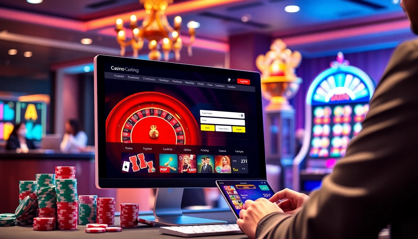 Engage in Đăng Nhập F8BET, featuring an exciting online casino scene with poker chips, a roulette wheel, and a vibrant interface.