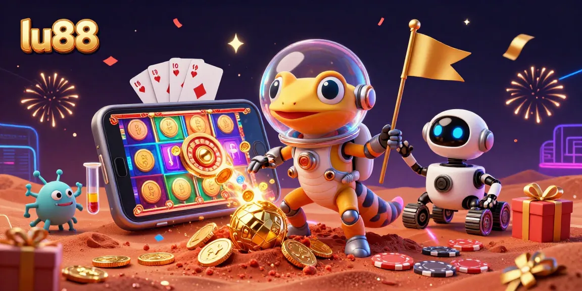 Experience the excitement of lu88 casino with a Martian gecko and festive gaming elements.