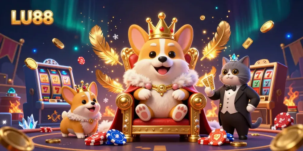 Play exciting games at LU88, featuring corgi royalty and thrilling slot action in a vibrant casino