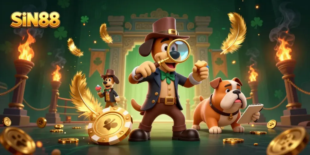 SIN88 detective dog duo explores casino clues in a vibrant, dynamic gaming scene.