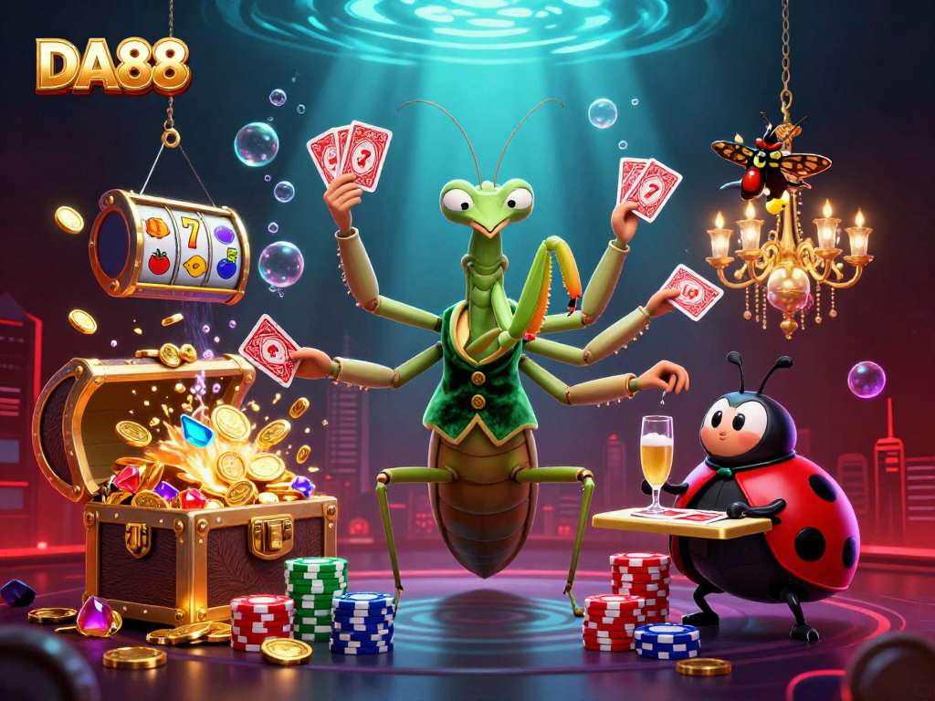 DA88 showcases a vibrant casino scene with a card sharp and rich gold details.