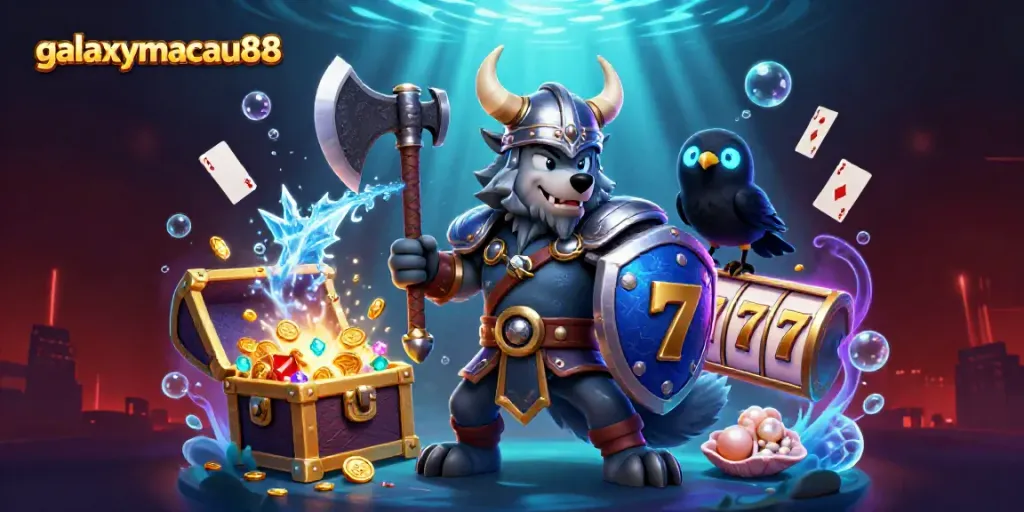 Experience excitement at galaxymacau88 with a 3D Viking warrior and dragon amid vibrant casino elements.