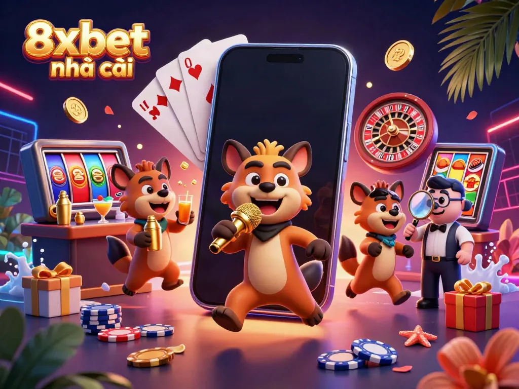 Join the fun at 8xbet nhà cái with a lively scene featuring hyenas at a comedy casino.