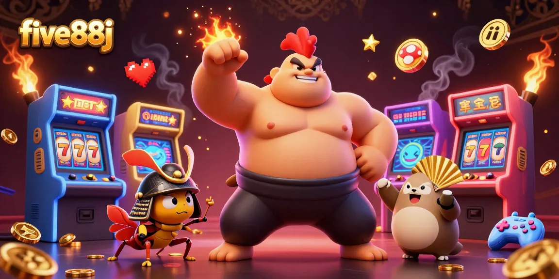 bet big with five88j in this vibrant 3D illustration featuring casino themes.