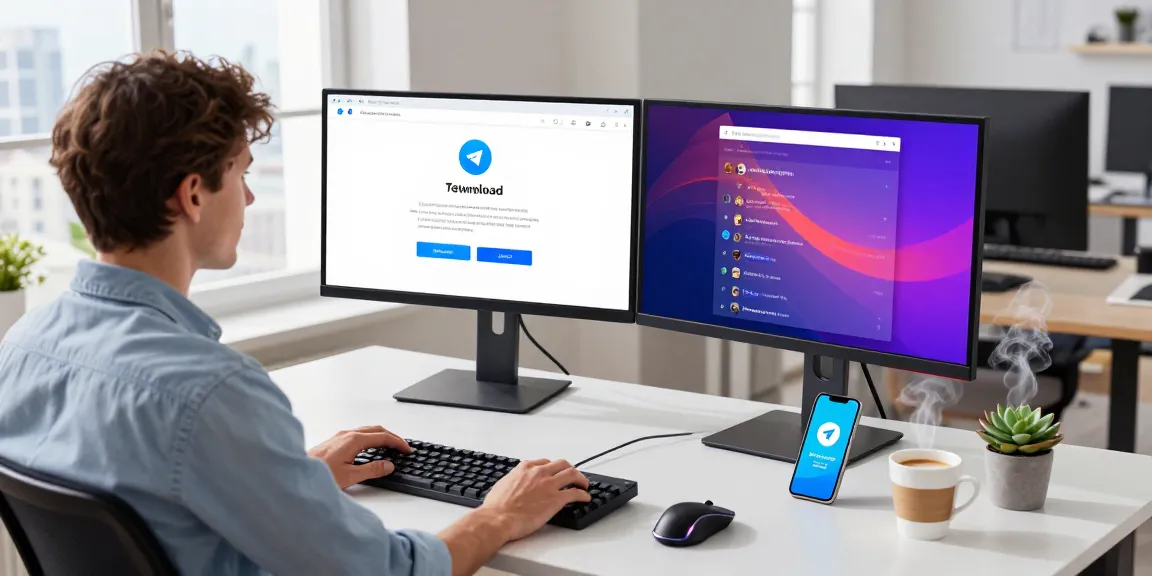 Telegram download setup in a modern tech workspace with a professional using dual monitors.